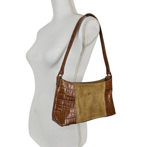 OROTON VINTAGE BROWN LEATHER AND SUEDE SHOULDER PURSE CROC PATTERN - Picture 1 of 15